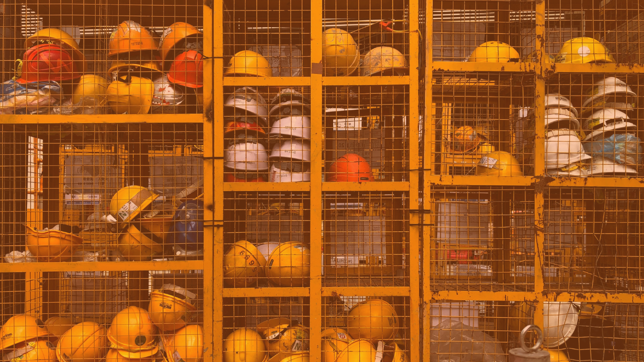 Image of mining hard hats in a safety locker.
